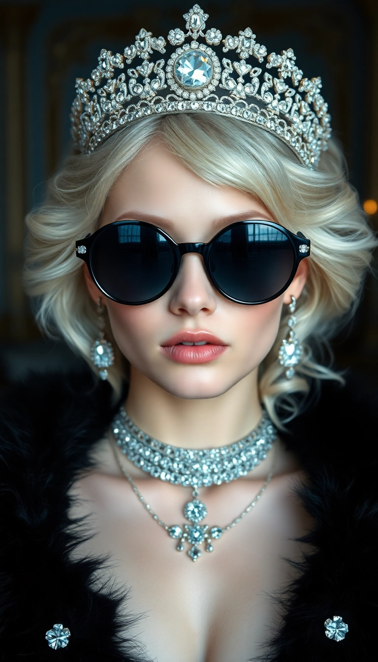 Best Extraordinary AI Young Platinum Blonde Queen in Black Fur Phone Exquisite Wallpaper
